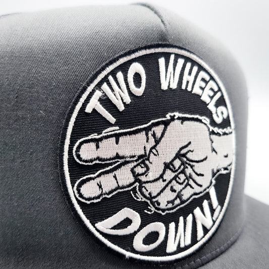 Two Wheels Down Harley Motorcycle Trucker Hat