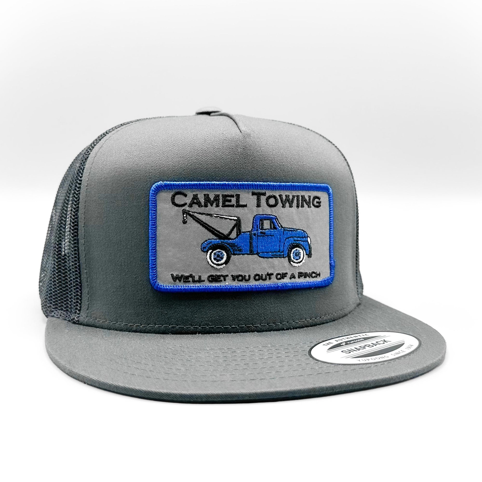 Camel Towing Funny Trucker Hat, Charcoal Gray Yupoong 6006 Hat