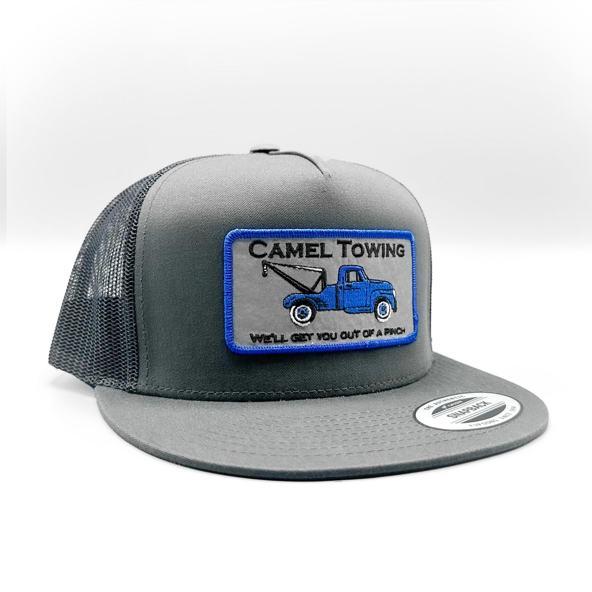 Camel Towing Funny Trucker Hat, Charcoal Gray Yupoong 6006 