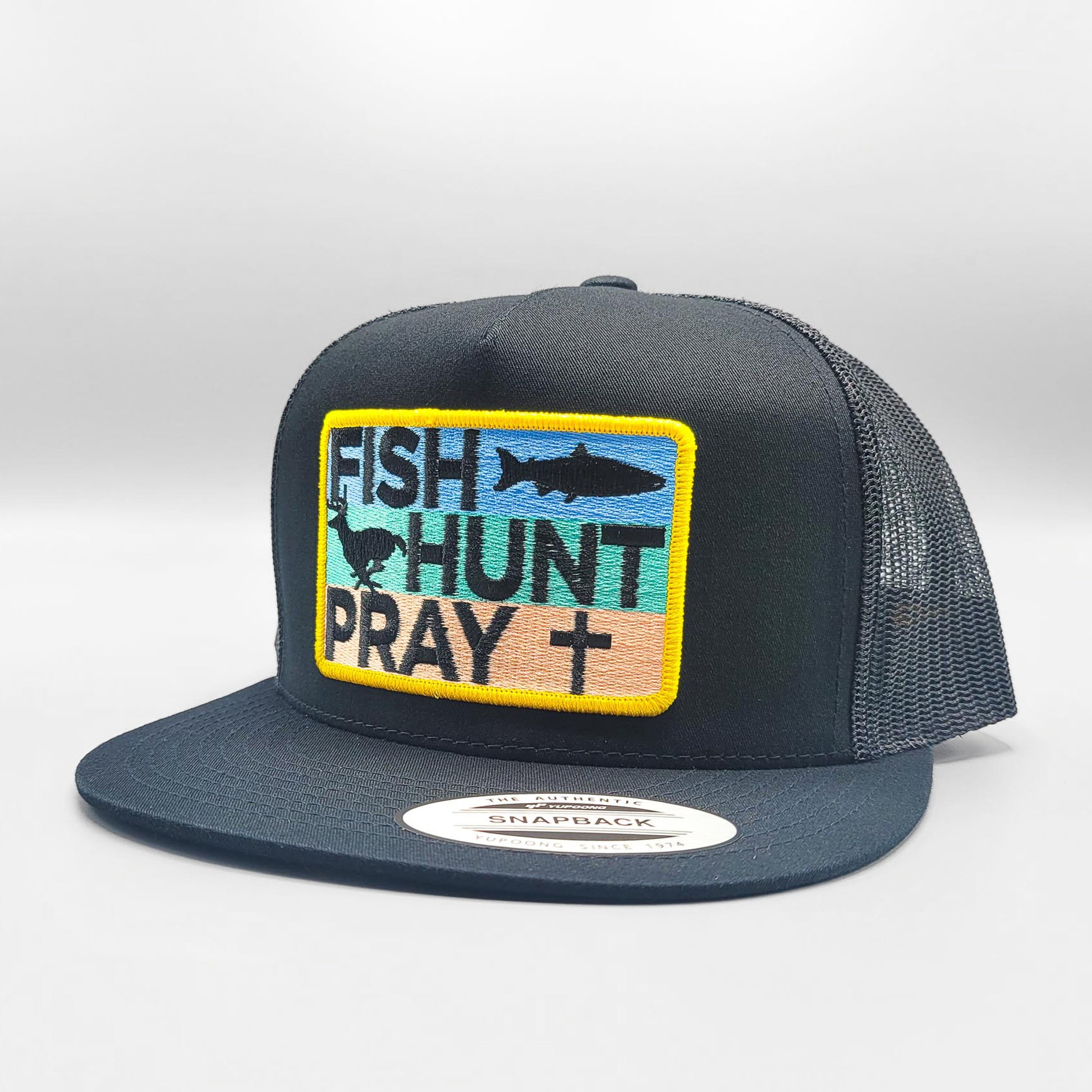 Fish Hunt Pray Trucker Hat, Christian Fishing Hunting Patch On Yupoong 6006 Snapback