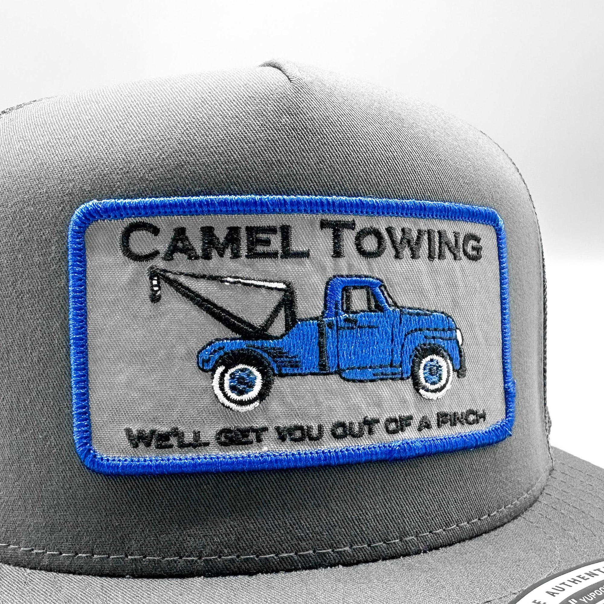Camel Towing Funny Trucker Hat, Charcoal Gray Yupoong 6006 Hat