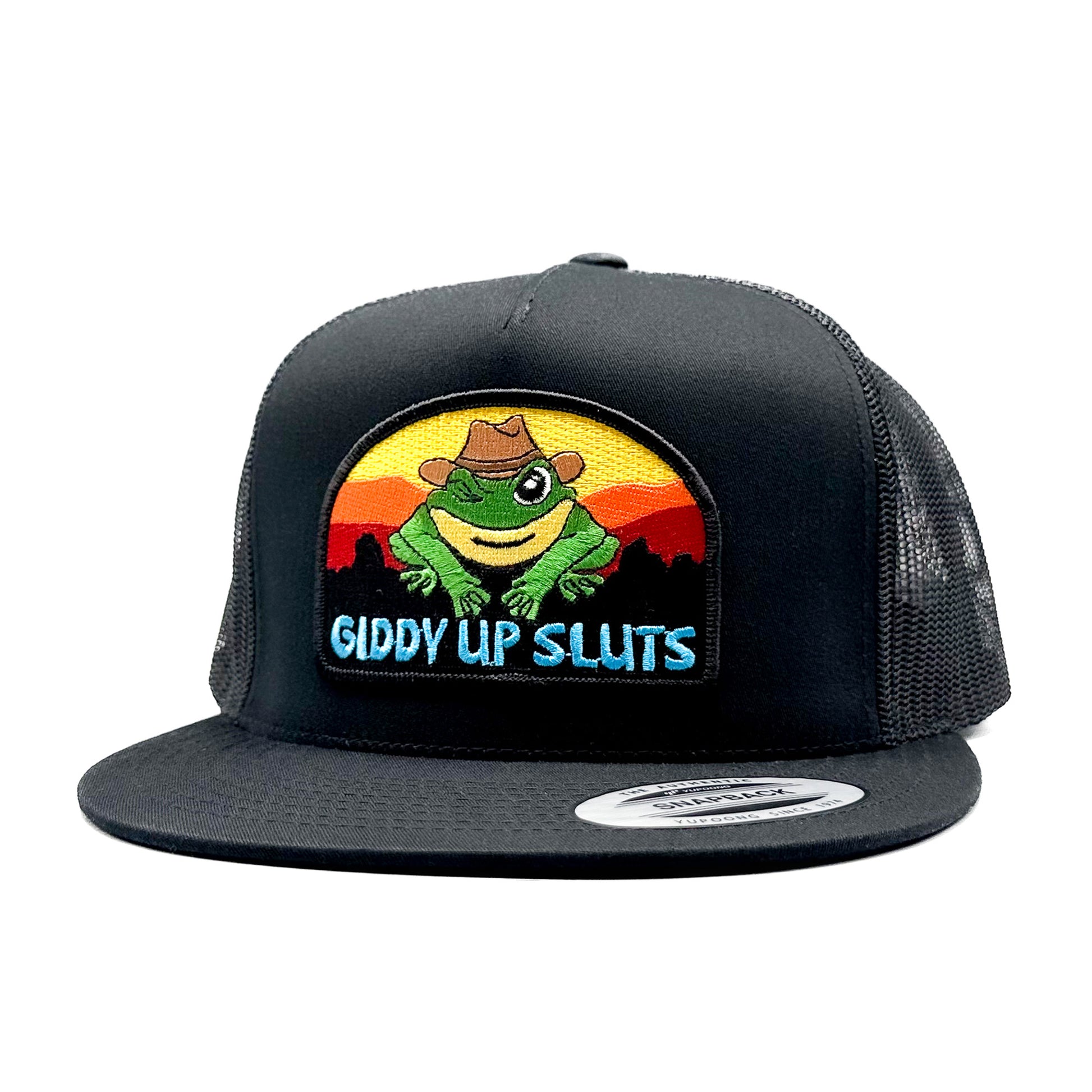 Giddy Up Sluts Trucker Hat, Funny Patch On Black Yupoong 6006