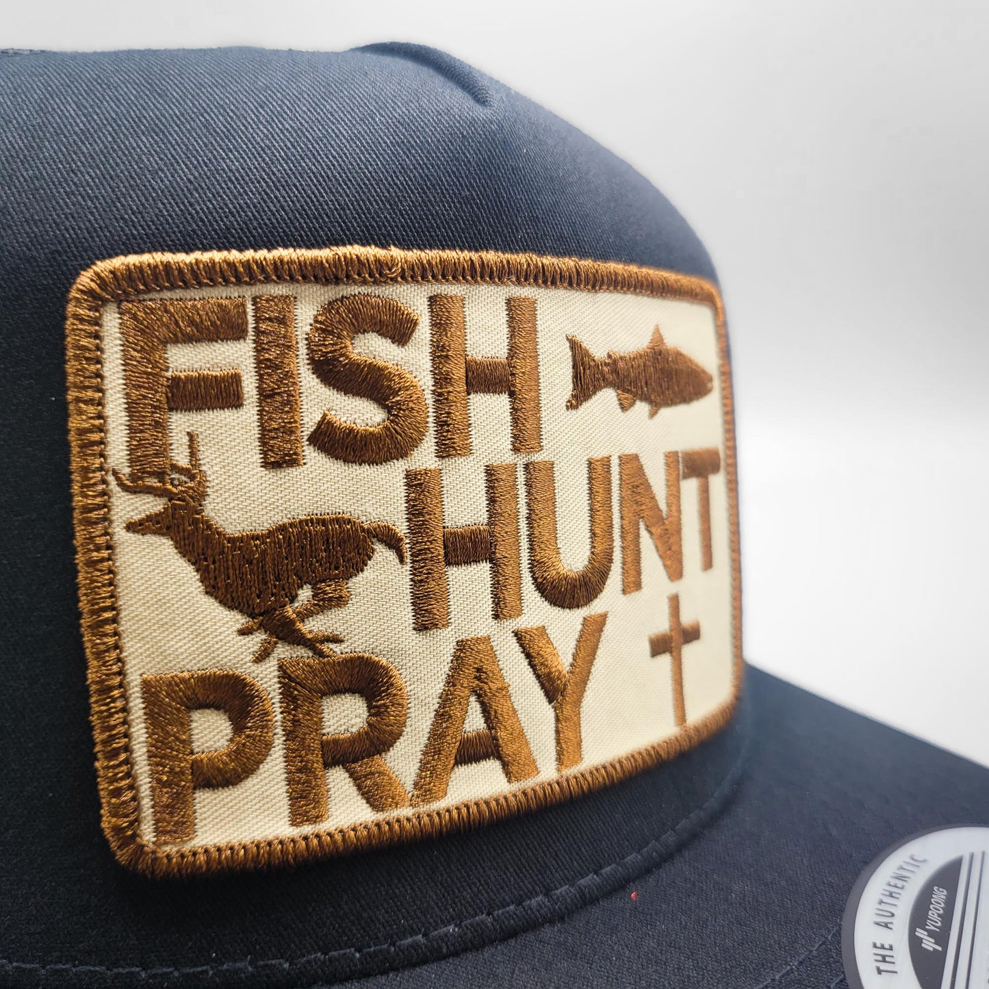 Fish Hunt Pray Trucker Hat, Brown Christian Fishing Hunting Patch, Yupoong 6006 Snapback