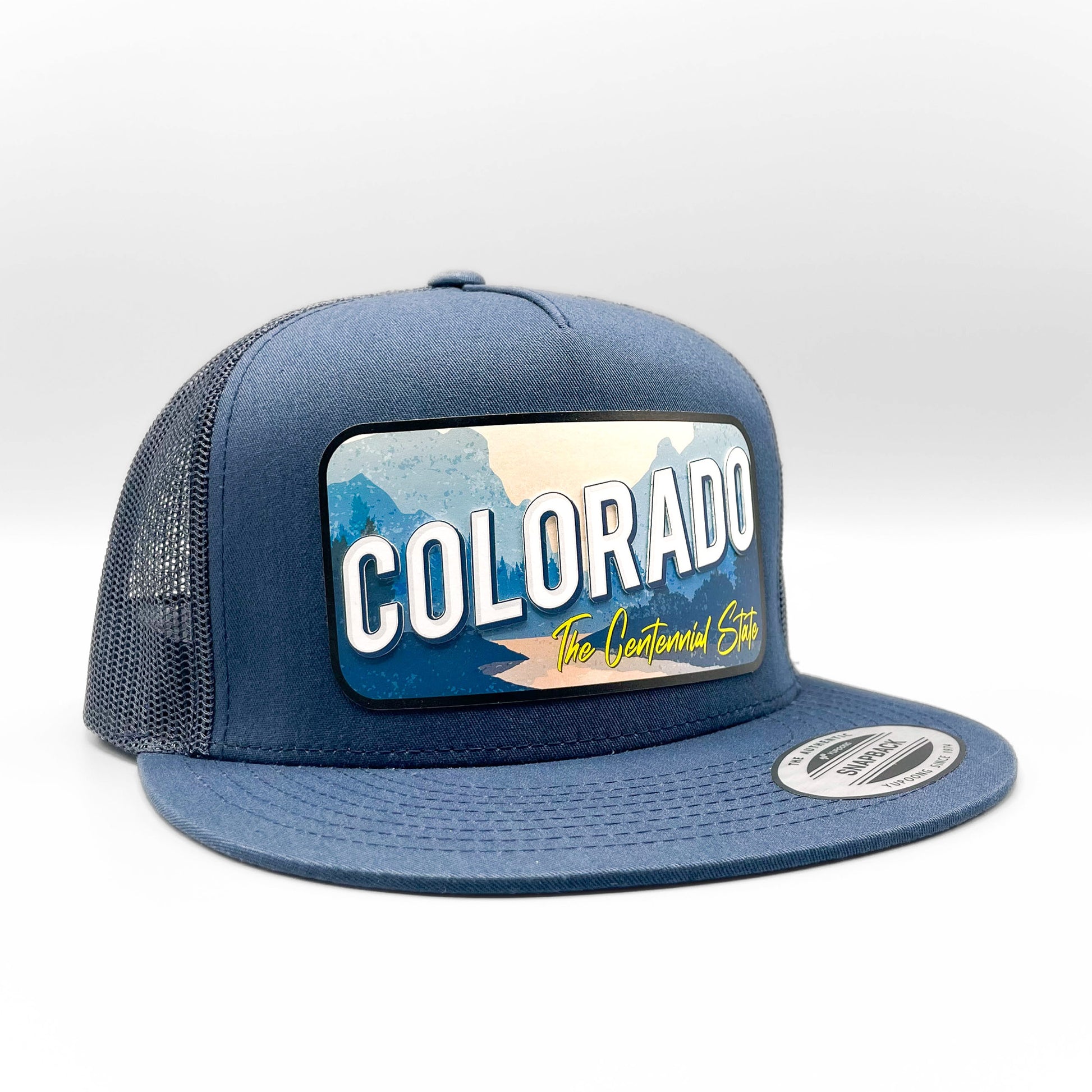 Colorado Trucker Hat, License Plate Design On Navy Yupoong 6006 Classic Snapback
