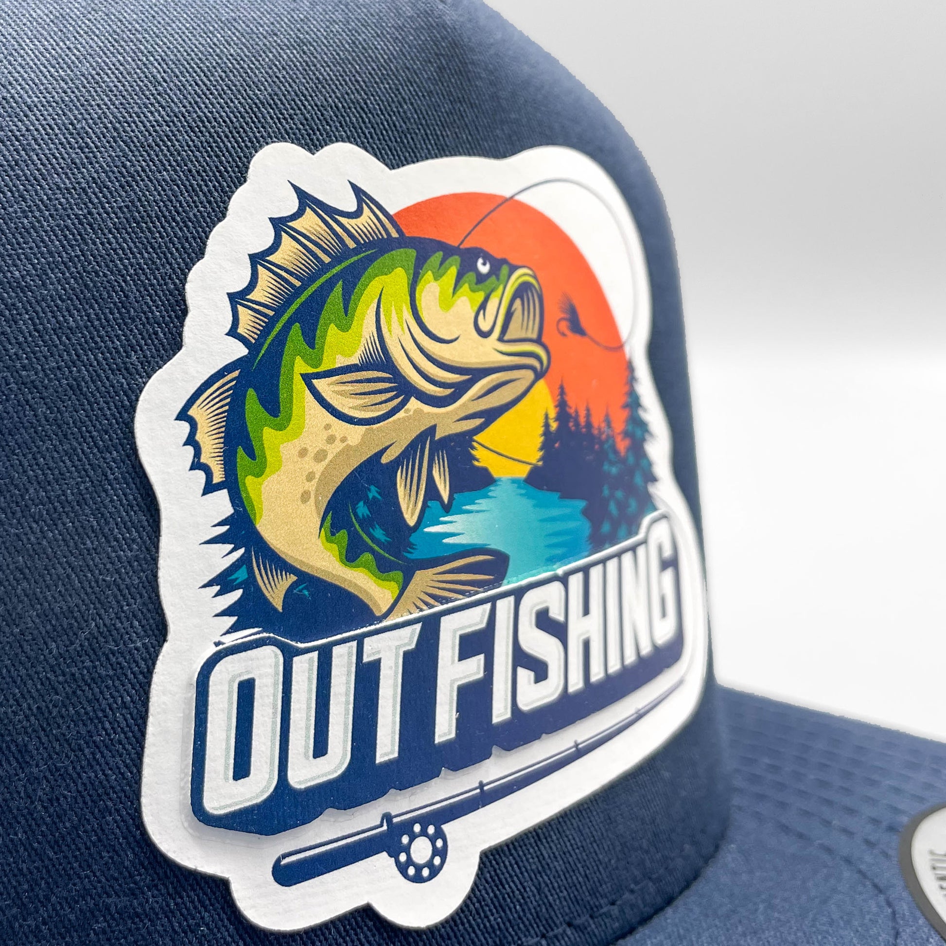 Out Bass Fishing Retro Trucker Hat, Raised Design on Navy Yupoong