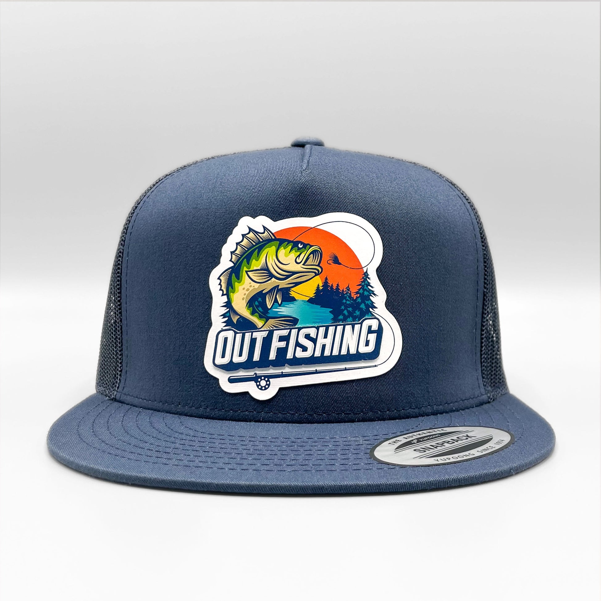 Out Bass Fishing Retro Trucker Hat, Raised Design on Navy Yupoong 6006 –  Vintage Truckers