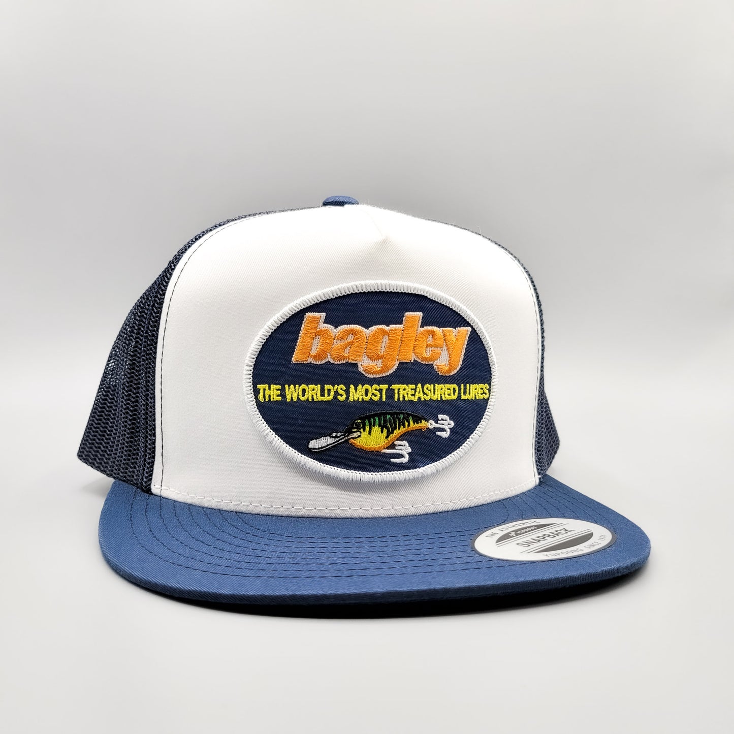 Bagley Fishing Lures Trucker Hat, Retro Bass Patch on Yupoong 6006 Hat – Vintage Truckers