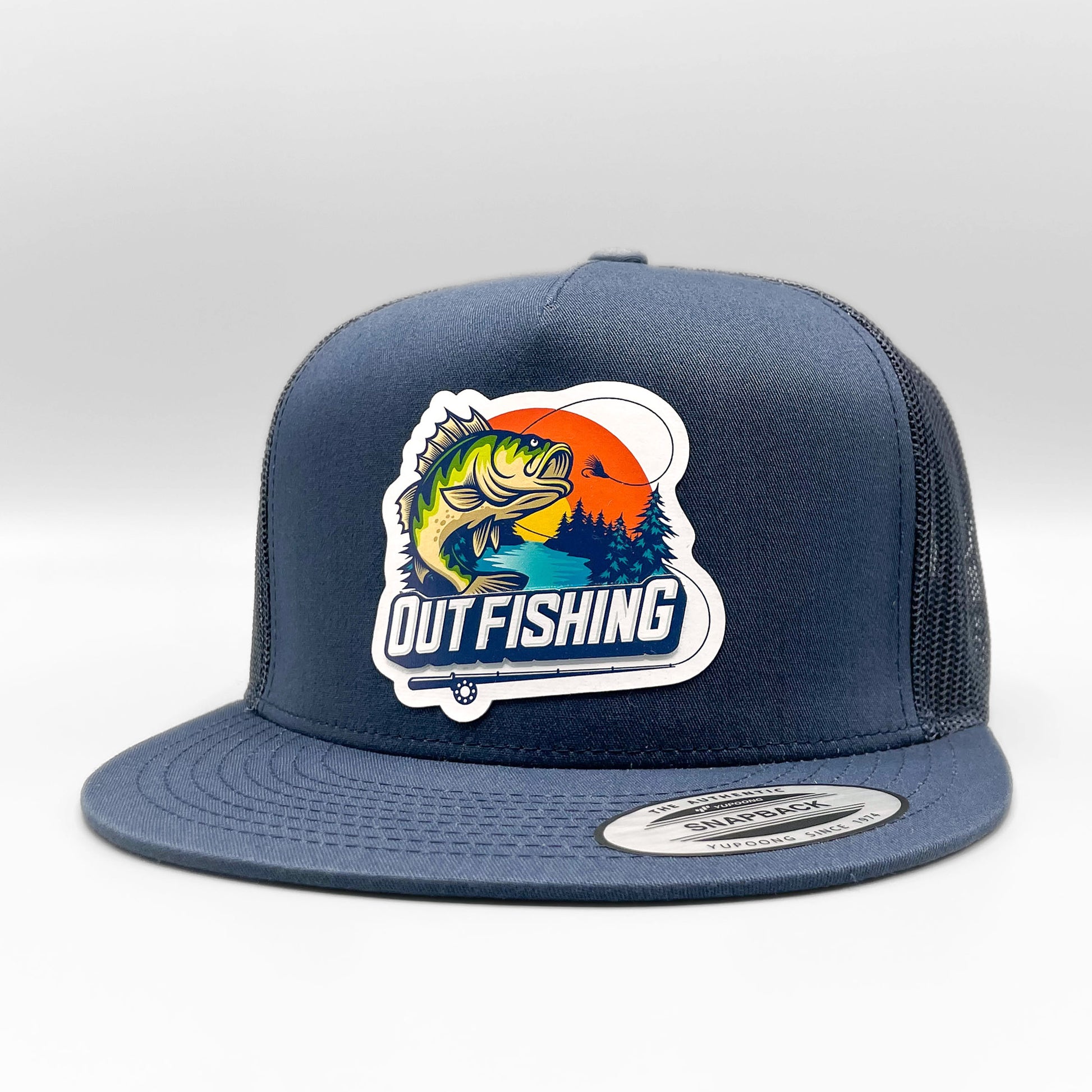 Out Fishing Trucker Hat, Retro Gone Bass Fishing Design On Navy Yupoong 6006 Cap